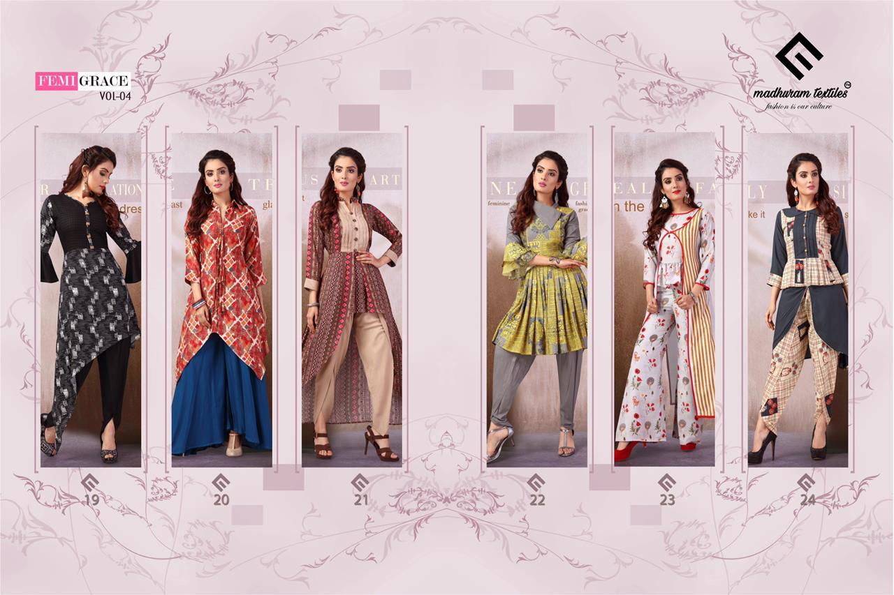 Femi Grace Vol-4 By Madhuram Textile 19 To 24 Series Beautiful Colorful Stylish Fancy Casual Wear & Ethnic Wear & Ready To Wear Rayon Printed Kurtis At Wholesale Price