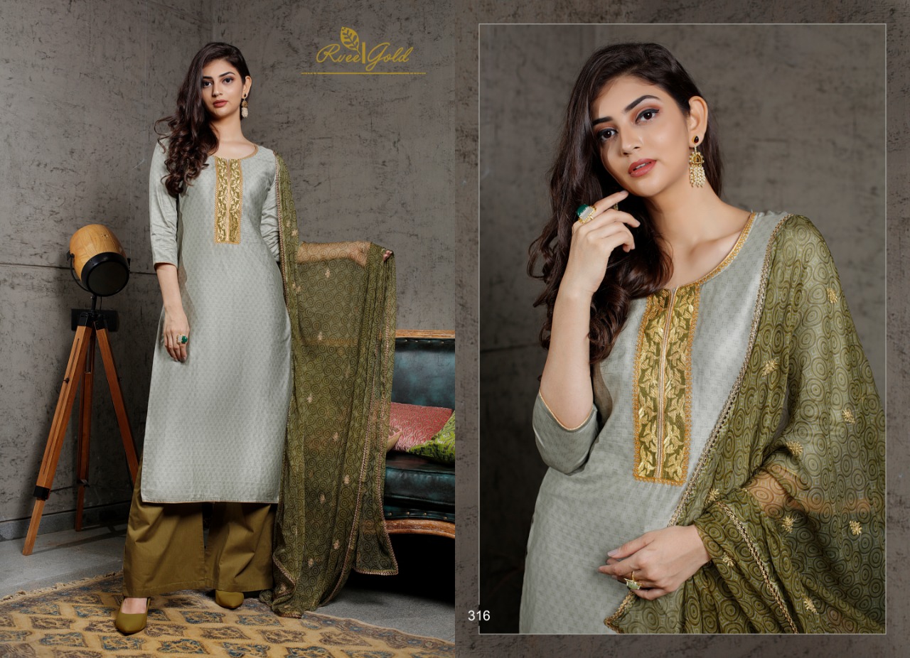 Festive Crush By Rvee Gold 314 To 321 Series Beautiful Suits Colorful Stylish Fancy Casual Wear & Ethnic Wear Jam Satin With Work Dresses At Wholesale Price