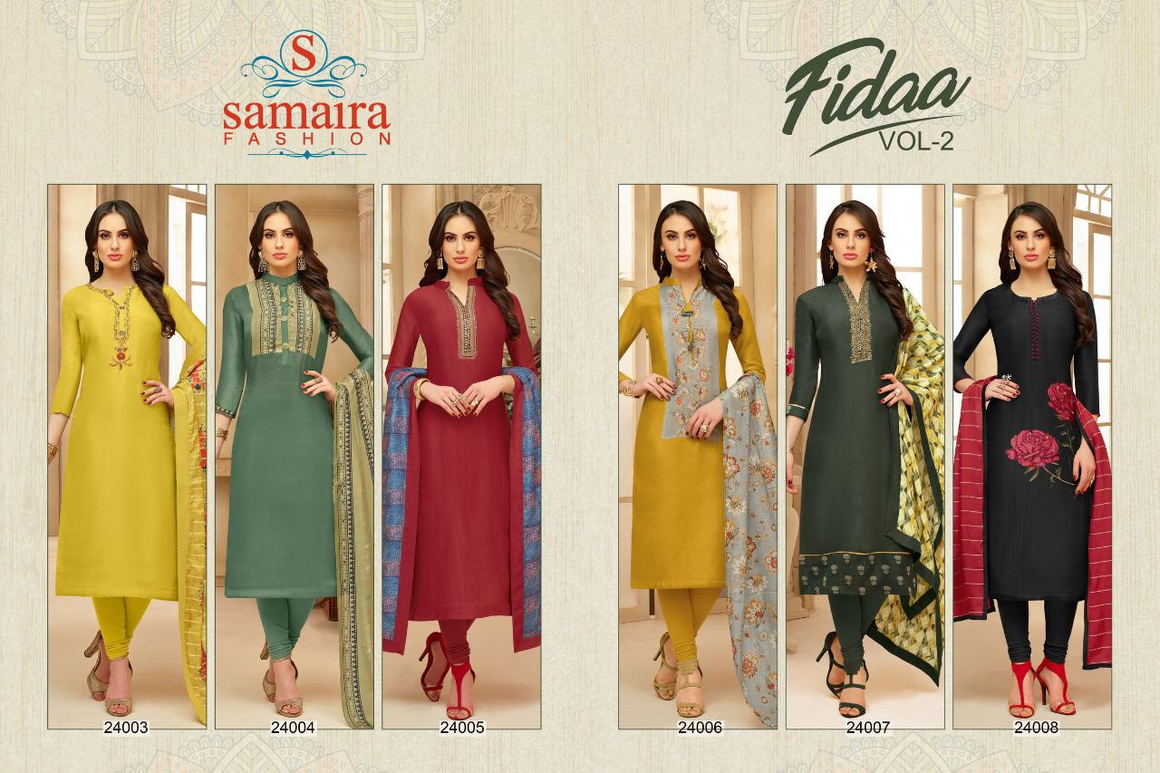 Fidaa Vol-2 By Samaira Fashion 24003 To 24008 Series Beautiful Collection Suits Stylish Fancy Colorful Casual Wear & Ethnic Wear Pure Upada Silk Embroidered Dresses At Wholesale Price