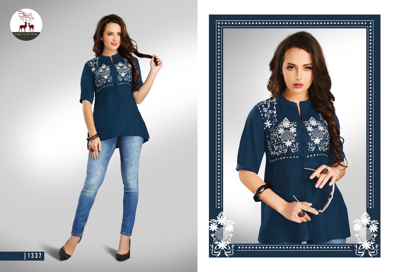 Fiona Vol-3 Nx By Mrigya 1335 To 1343 Series Stylish Colorful Fancy Beautiful Casual Wear & Ethnic Wear Heavy Rayon Embroidered Kurtis/ Tops At Wholesale Price