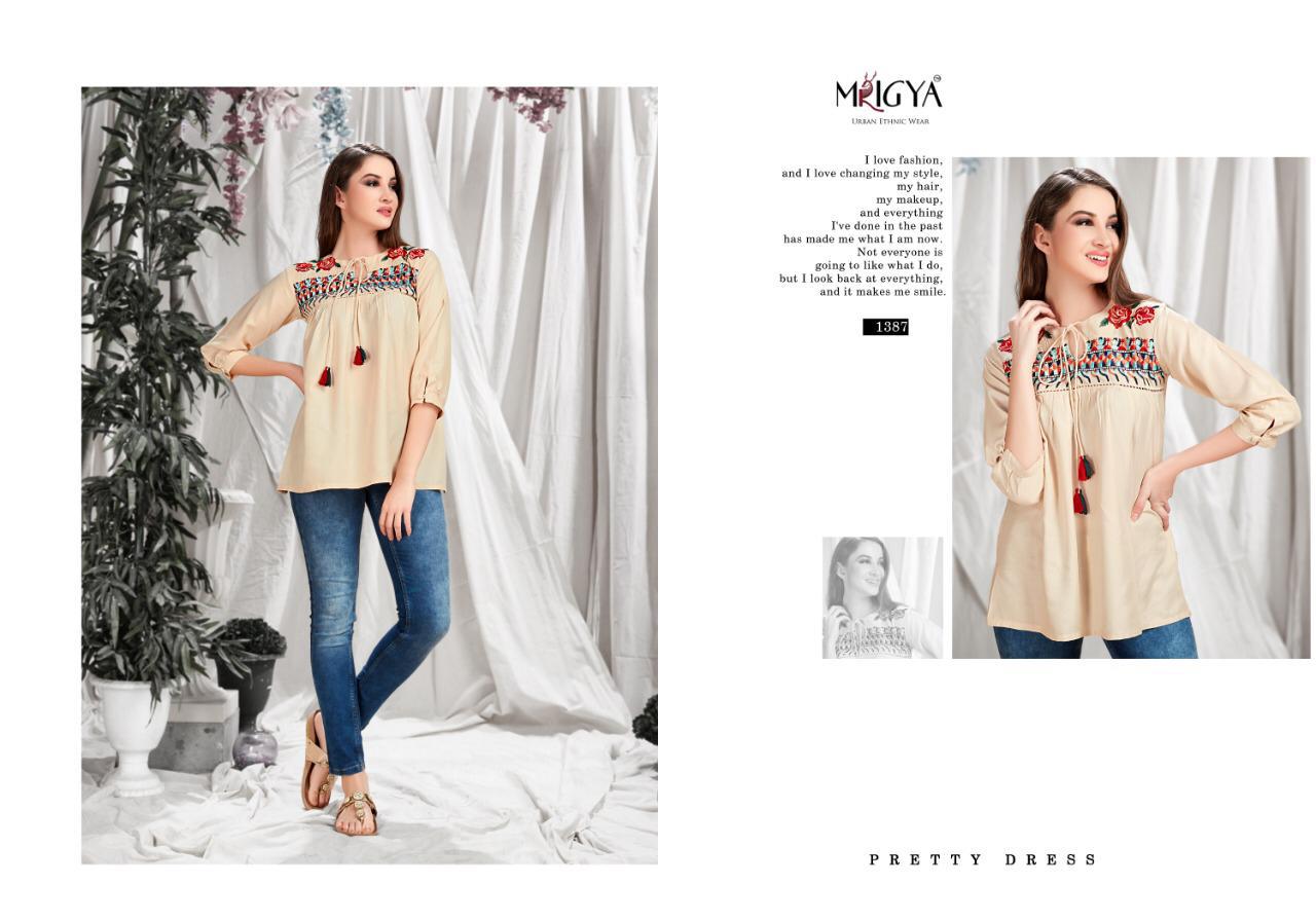 Fiona Vol-6 Nx By Mrigya 1386 To 1391 Series Beautiful Colorful Stylish Fancy Casual Wear & Ethnic Wear & Ready To Wear Rayon Embroidered Kurtis/ Tops At Wholesale Price