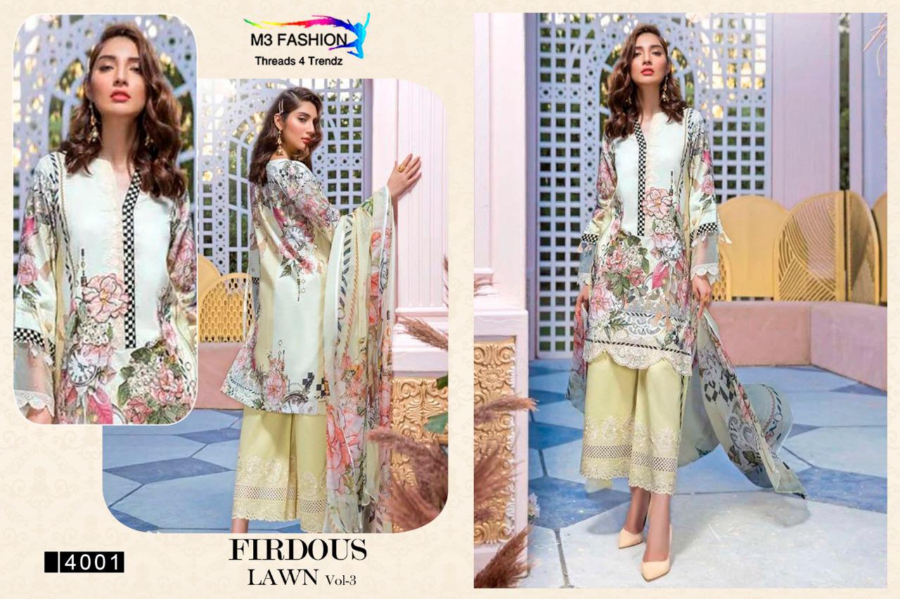 Firdous Lawn Vol-3 By M3 Fashion 4001 To 4005 Series Designer Pakistani Suits Collection Beautiful Stylish Fancy Colorful Party Wear & Occasional Wear Pure Cotton Satin Digital Print With Embroidery Dresses At Wholesale Price