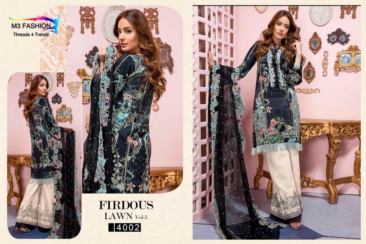 Firdous Lawn Vol-3 By M3 Fashion 4001 To 4005 Series Designer Pakistani Suits Collection Beautiful Stylish Fancy Colorful Party Wear & Occasional Wear Pure Cotton Satin Digital Print With Embroidery Dresses At Wholesale Price