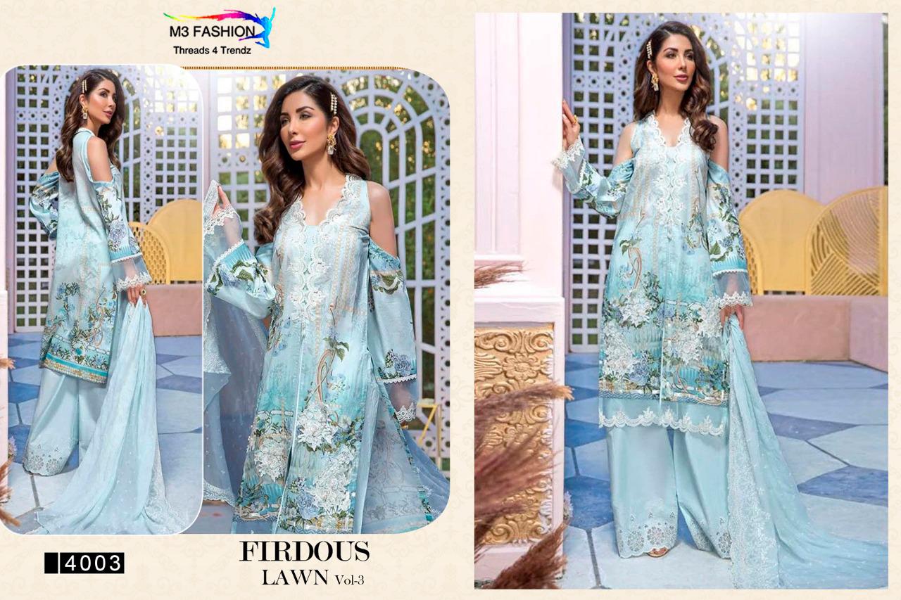 Firdous Lawn Vol-3 By M3 Fashion 4001 To 4005 Series Designer Pakistani Suits Collection Beautiful Stylish Fancy Colorful Party Wear & Occasional Wear Pure Cotton Satin Digital Print With Embroidery Dresses At Wholesale Price