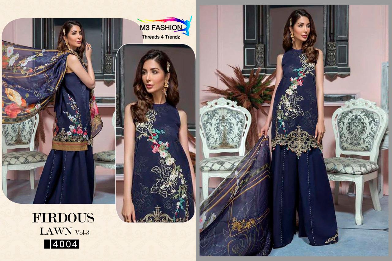 Firdous Lawn Vol-3 By M3 Fashion 4001 To 4005 Series Designer Pakistani Suits Collection Beautiful Stylish Fancy Colorful Party Wear & Occasional Wear Pure Cotton Satin Digital Print With Embroidery Dresses At Wholesale Price