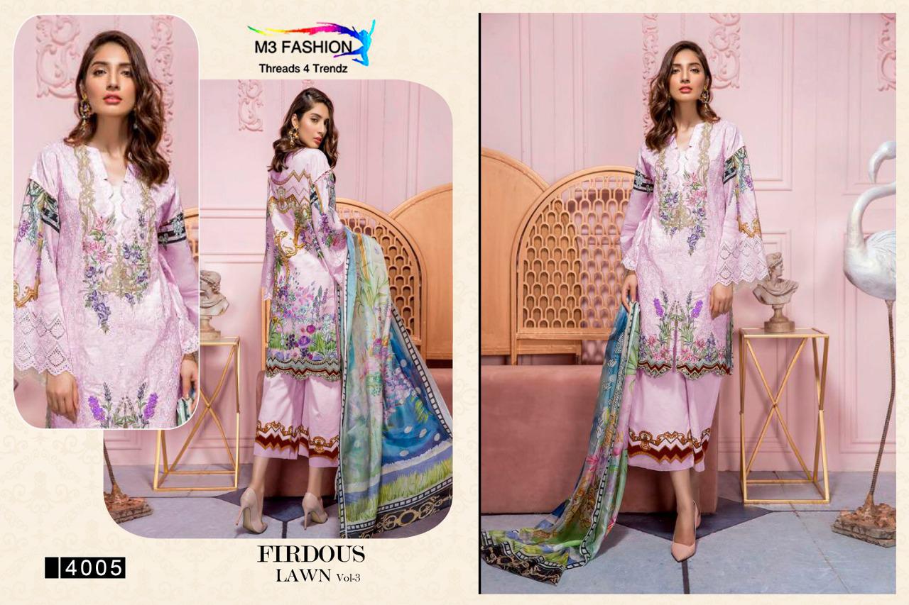 Firdous Lawn Vol-3 By M3 Fashion 4001 To 4005 Series Designer Pakistani Suits Collection Beautiful Stylish Fancy Colorful Party Wear & Occasional Wear Pure Cotton Satin Digital Print With Embroidery Dresses At Wholesale Price