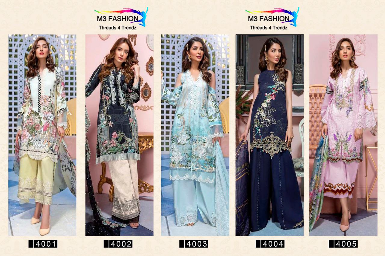 Firdous Lawn Vol-3 By M3 Fashion 4001 To 4005 Series Designer Pakistani Suits Collection Beautiful Stylish Fancy Colorful Party Wear & Occasional Wear Pure Cotton Satin Digital Print With Embroidery Dresses At Wholesale Price