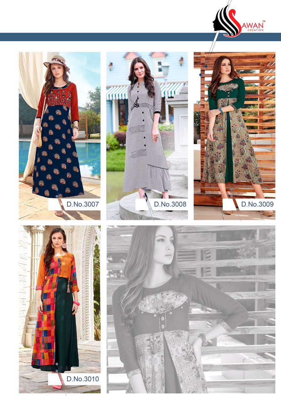 Fiza Vol-3 By Sawan Creation 3001 To 3010 Series Beautiful Colorful Stylish Fancy Casual Wear & Ethnic Wear & Ready To Wear Heavy Rayon Printed Kurtis At Wholesale Price