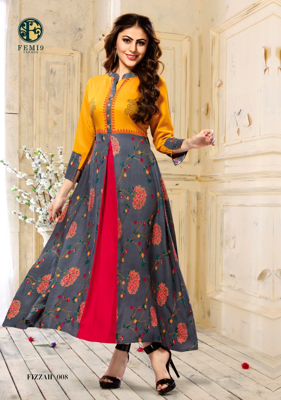 Fizzah By Femi9 Trends 001 To 010 Series Beautiful Colorful Stylish Fancy Casual Wear & Ethnic Wear & Ready To Wear Heavy Rayon Printed & Embroidered Kurtis At Wholesale Price