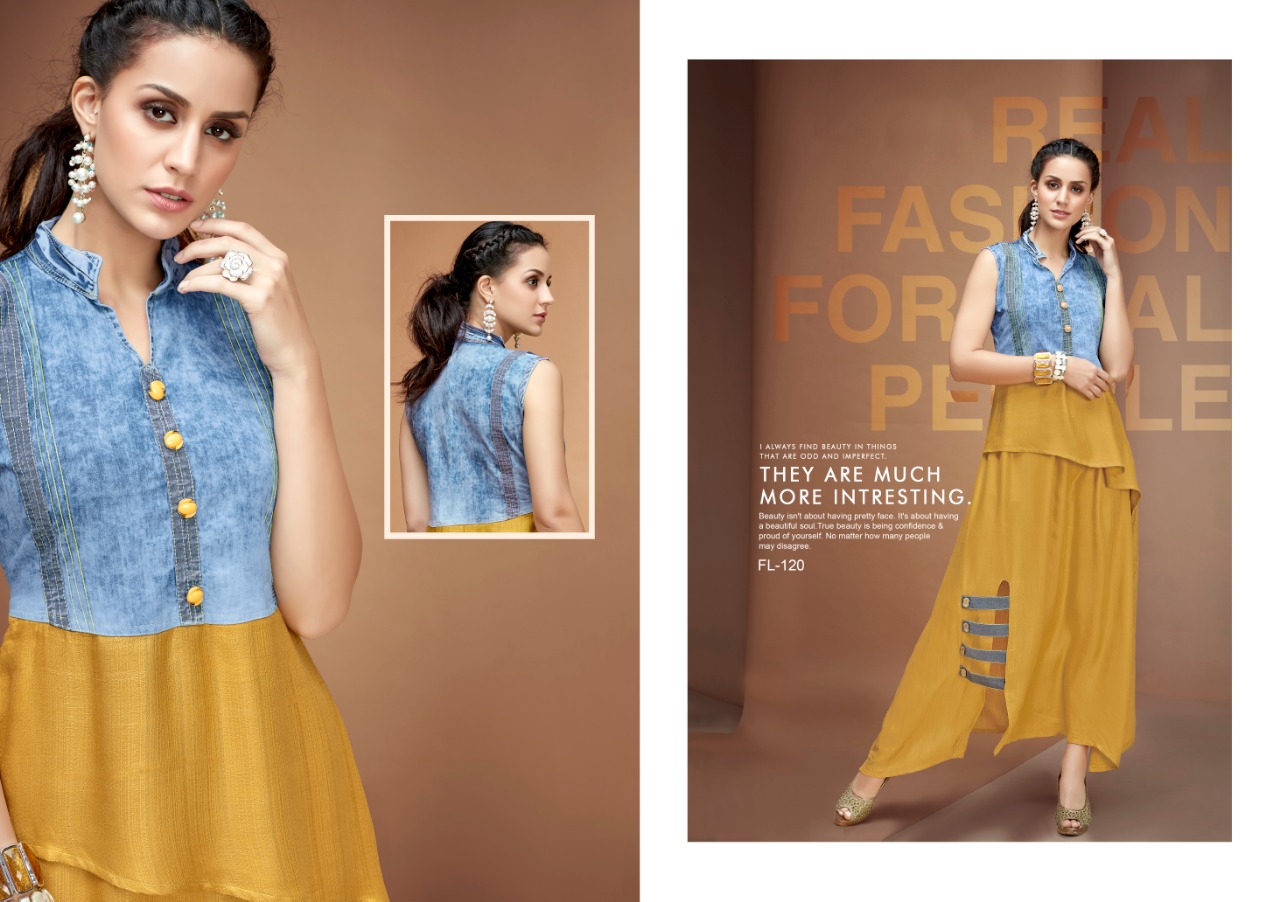 Flashy Vol-3 By Diva Designs 120 To 126 Series Beautiful Colorful Stylish Fancy Casual Wear & Ethnic Wear & Ready To Wear Pure Cotton Denim Kurtis At Wholesale Price