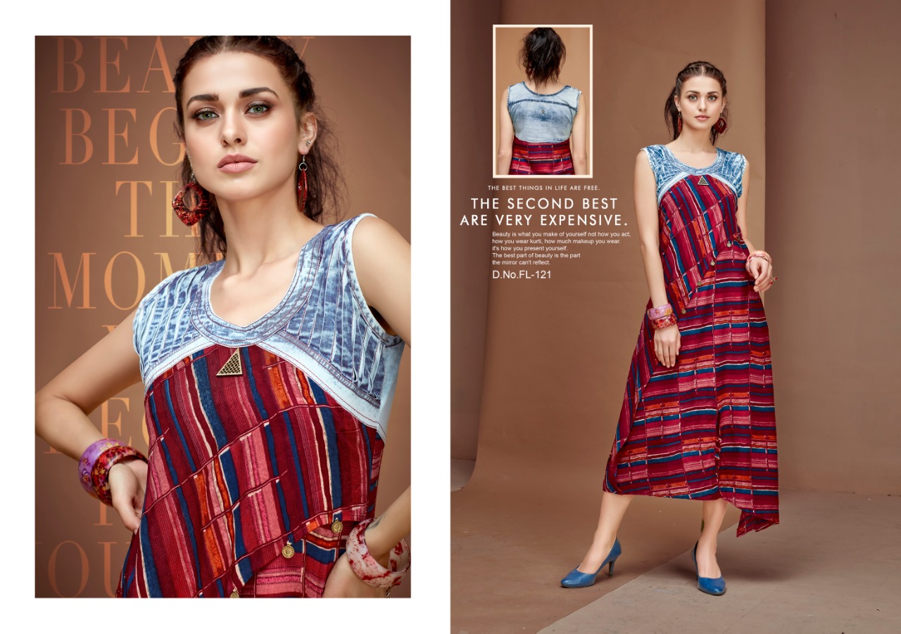 Flashy Vol-3 By Diva Designs 120 To 126 Series Beautiful Colorful Stylish Fancy Casual Wear & Ethnic Wear & Ready To Wear Pure Cotton Denim Kurtis At Wholesale Price