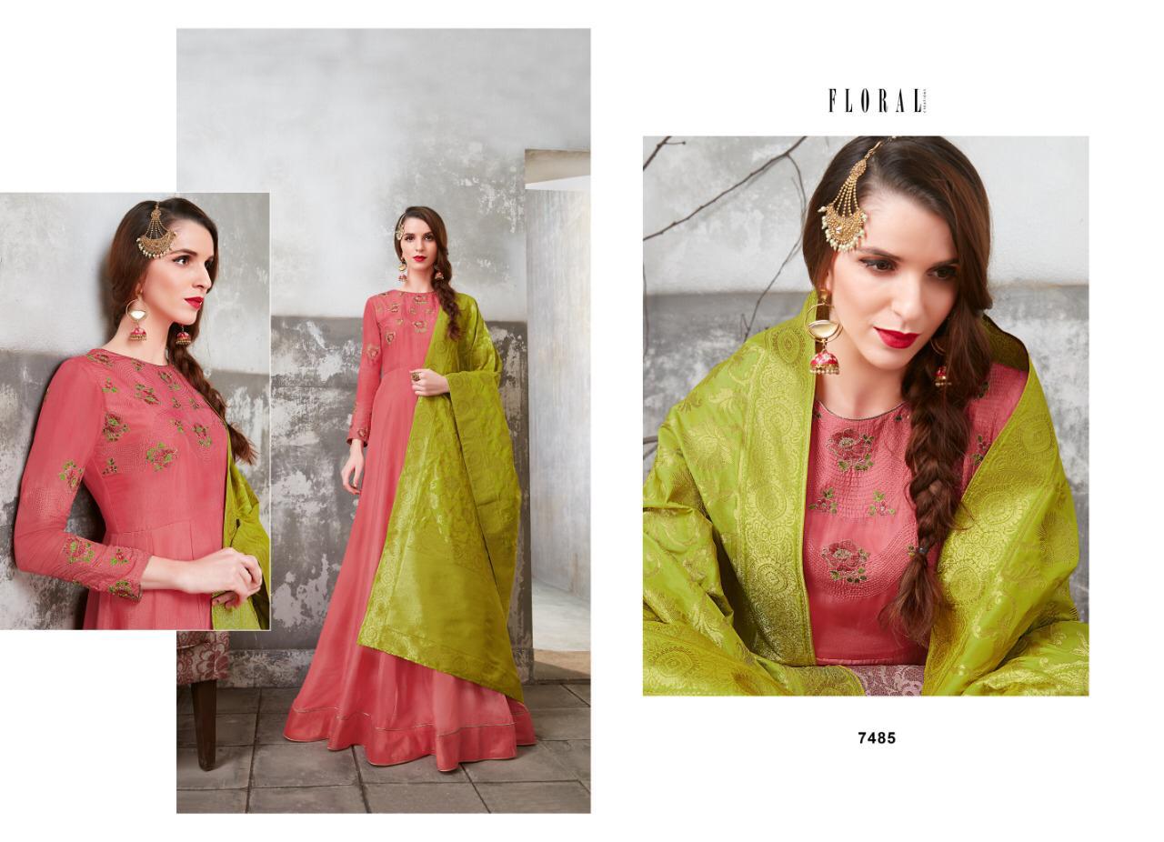 Floral Hannah By Jinaam Dresses 7482 To 7486 Series Beautiful Stylish Fancy Colorful Casual Wear & Ethnic Wear Embroidery Upada Silk With Stone Work And Hem Of Top Is Embroidery  Dresses At Wholesale Price