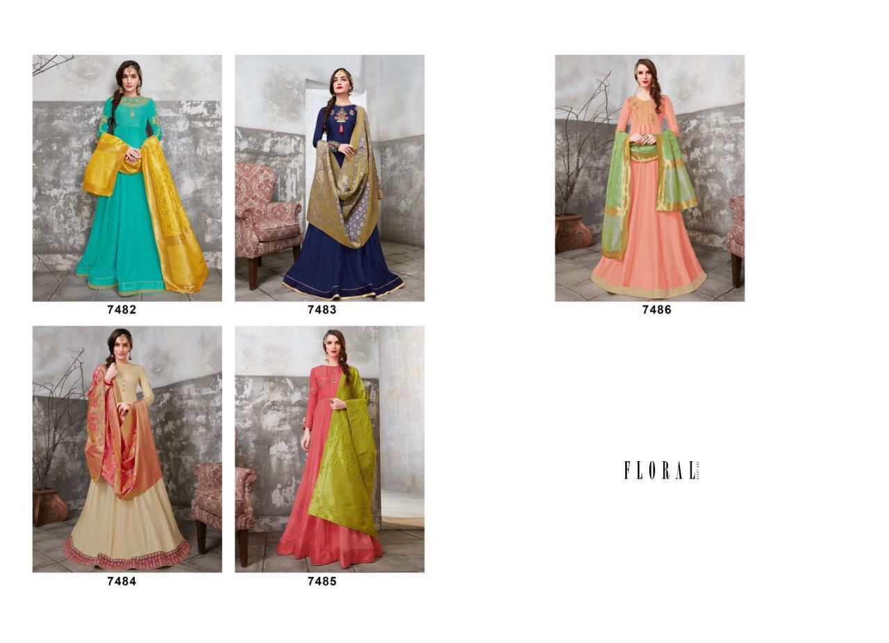 Floral Hannah By Jinaam Dresses 7482 To 7486 Series Beautiful Stylish Fancy Colorful Casual Wear & Ethnic Wear Embroidery Upada Silk With Stone Work And Hem Of Top Is Embroidery  Dresses At Wholesale Price