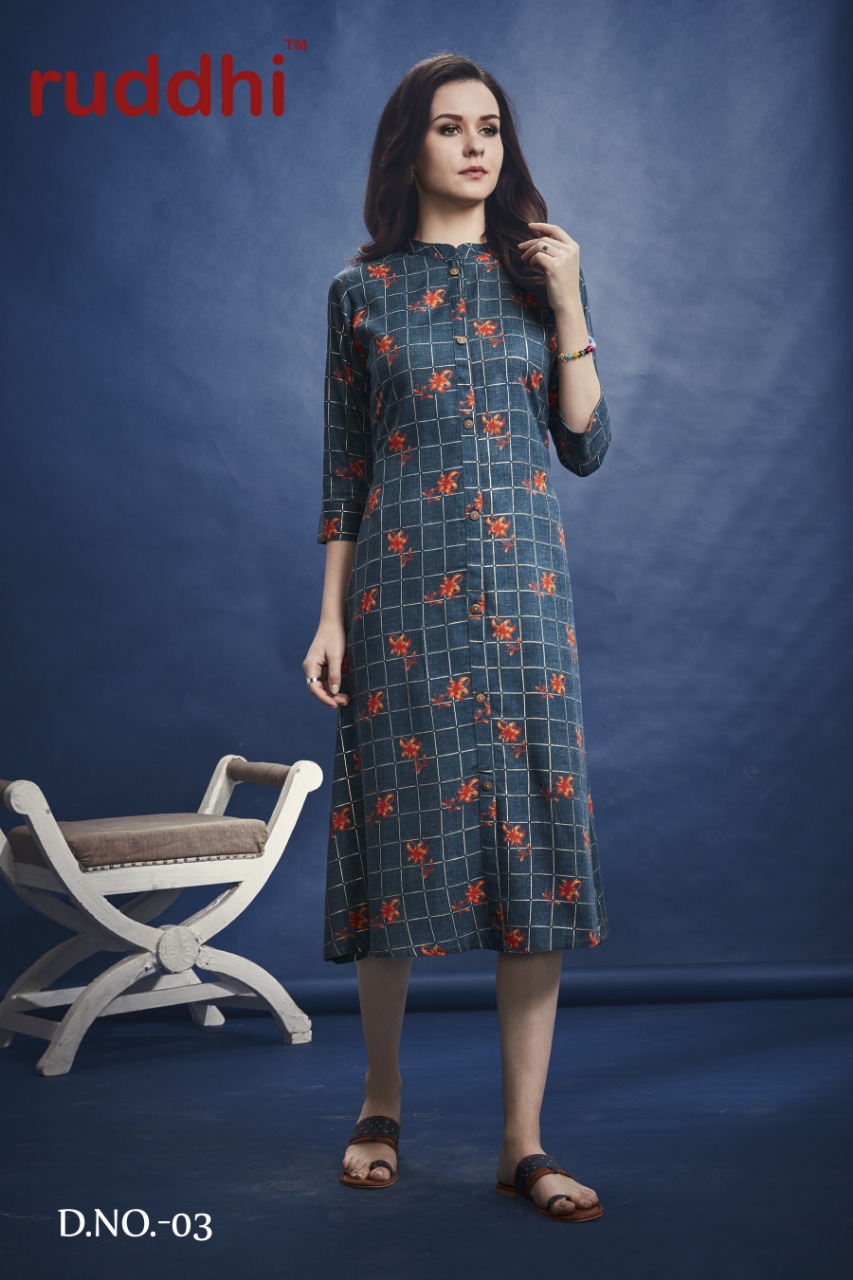 Foil Fusion By Ruddhi Dressline 01 To 06 Series Beautiful Stylish Fancy Colorful Casual Wear & Ethnic Wear & Ready To Wear Rayon With Foil Print Kurtis At Wholesale Price
