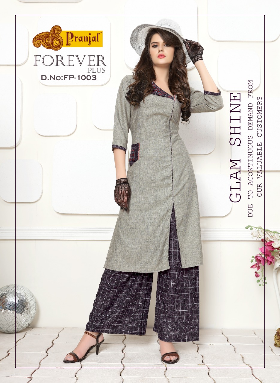 Forever Plus Vol-1 By Pranjal Creations 1001 To 1005 Series Indian Traditional Wear Collection Beautiful Stylish Fancy Colorful Party Wear & Occasional Wear Plain Rayon Slub Print Kurtis With Palazzo At Wholesale Price
