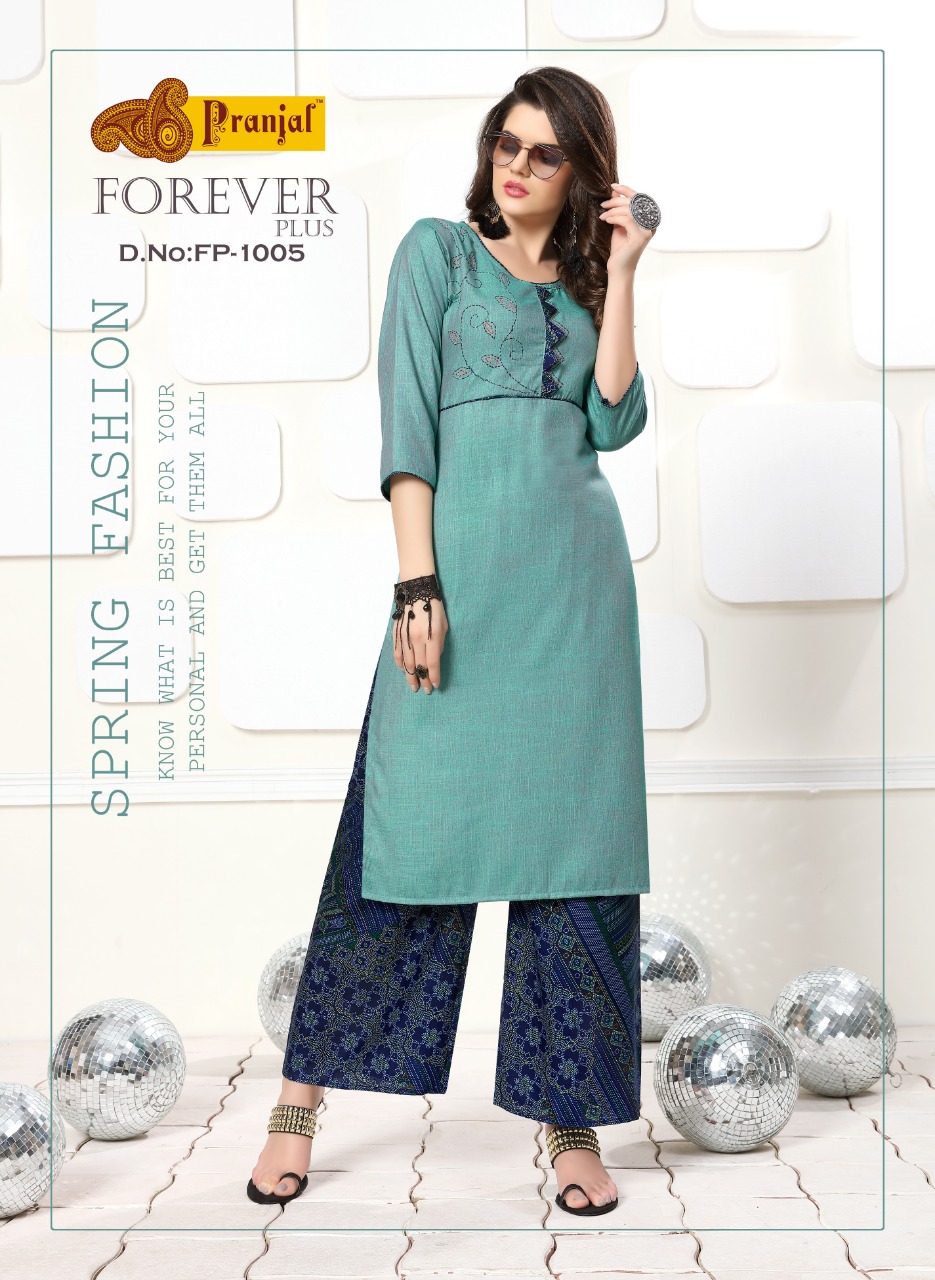 Forever Plus Vol-1 By Pranjal Creations 1001 To 1005 Series Indian Traditional Wear Collection Beautiful Stylish Fancy Colorful Party Wear & Occasional Wear Plain Rayon Slub Print Kurtis With Palazzo At Wholesale Price