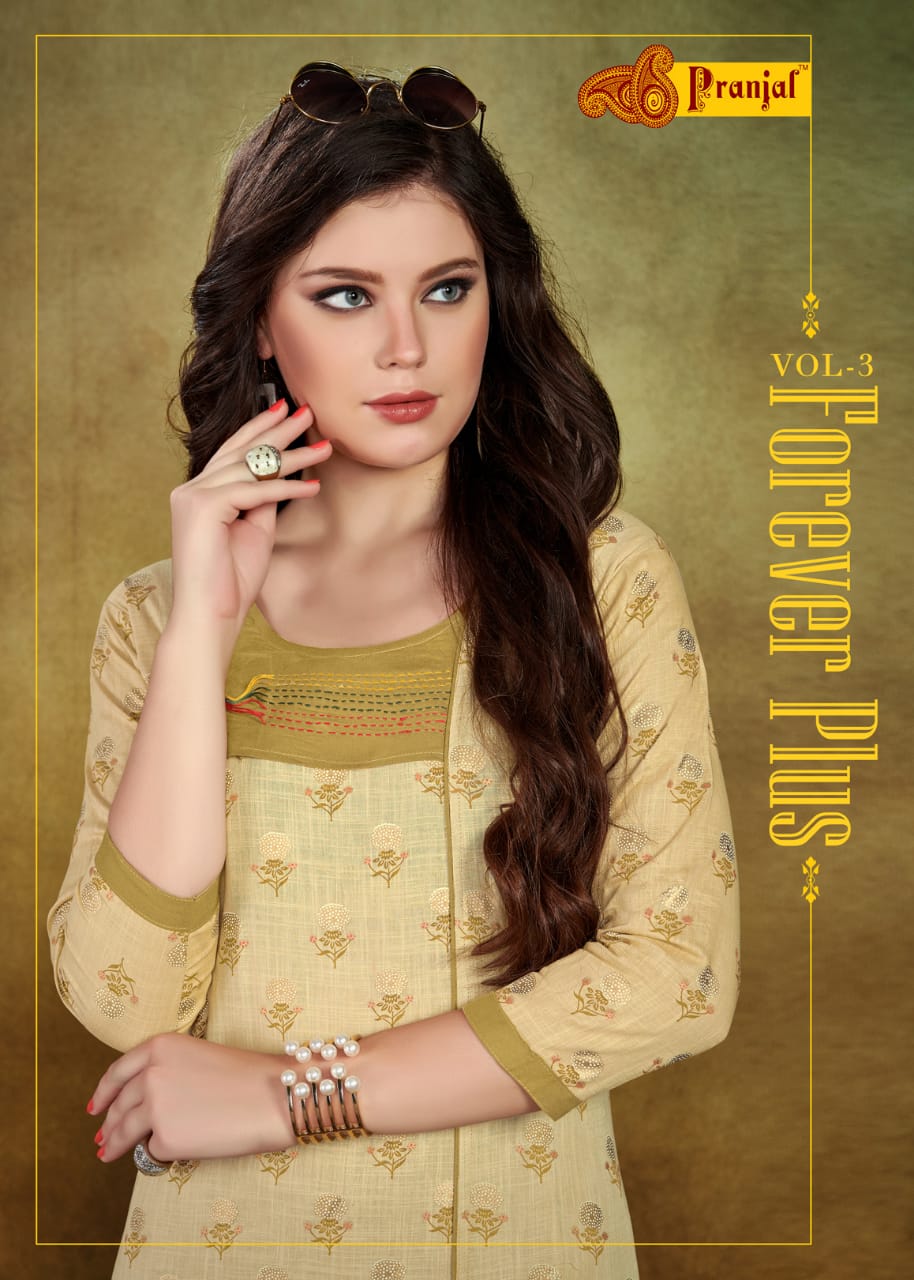 Foreve Plus Vol-3 By Pranjal Creation 3001 To 3006 Series Stylish Fancy Beautiful Colorful Casual Wear & Ethnic Wear Cotton Slub Printed Kurtis With Bottom At Wholesale Price