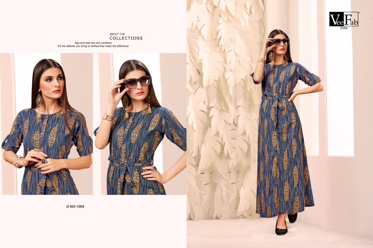 Fusion By Vee Fab 1001 To 1005 Series Beautiful Colorful Stylish Fancy Casual Wear & Ethnic Wear & Ready To Wear Heavy Cotton Foil Printed Kurtis At Wholesale Price