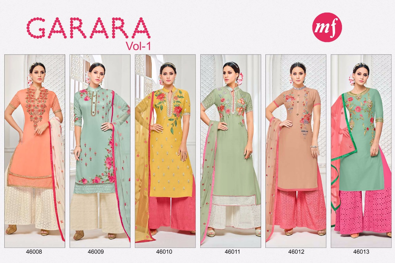 Garara Vol-1 By Mahaveer Fashion 46008 To 46013 Series Designer Suits Beautiful Stylish Fancy Colorful Party Wear & Occasional Wear Pure Muslin Silk Dresses At Wholesale Price