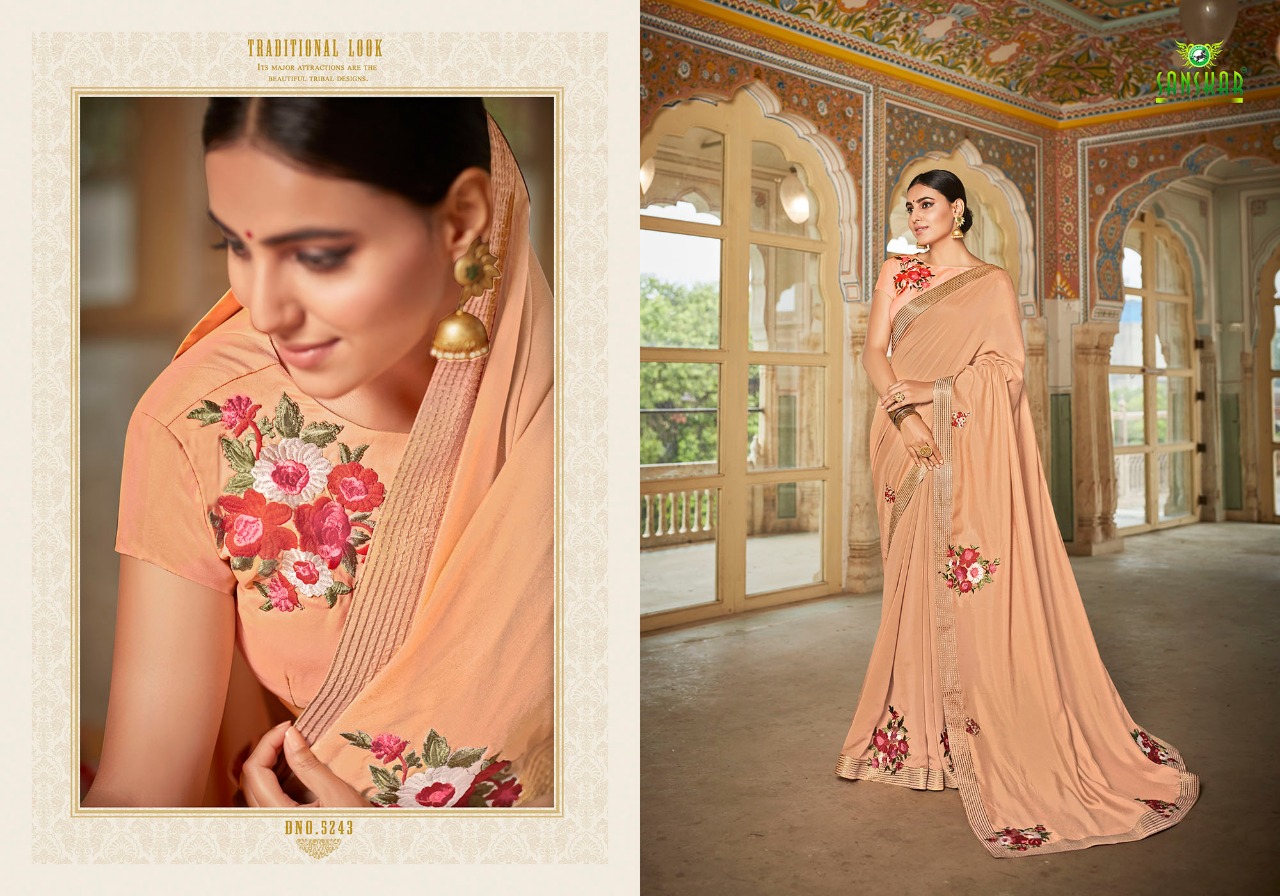 Gaura By Sanskar Tex Print 5241 To 5250 Series Indian Traditional Wear Collection Beautiful Stylish Fancy Colorful Party Wear & Occasional Wear Vichitra Chiffon Sarees At Wholesale Price