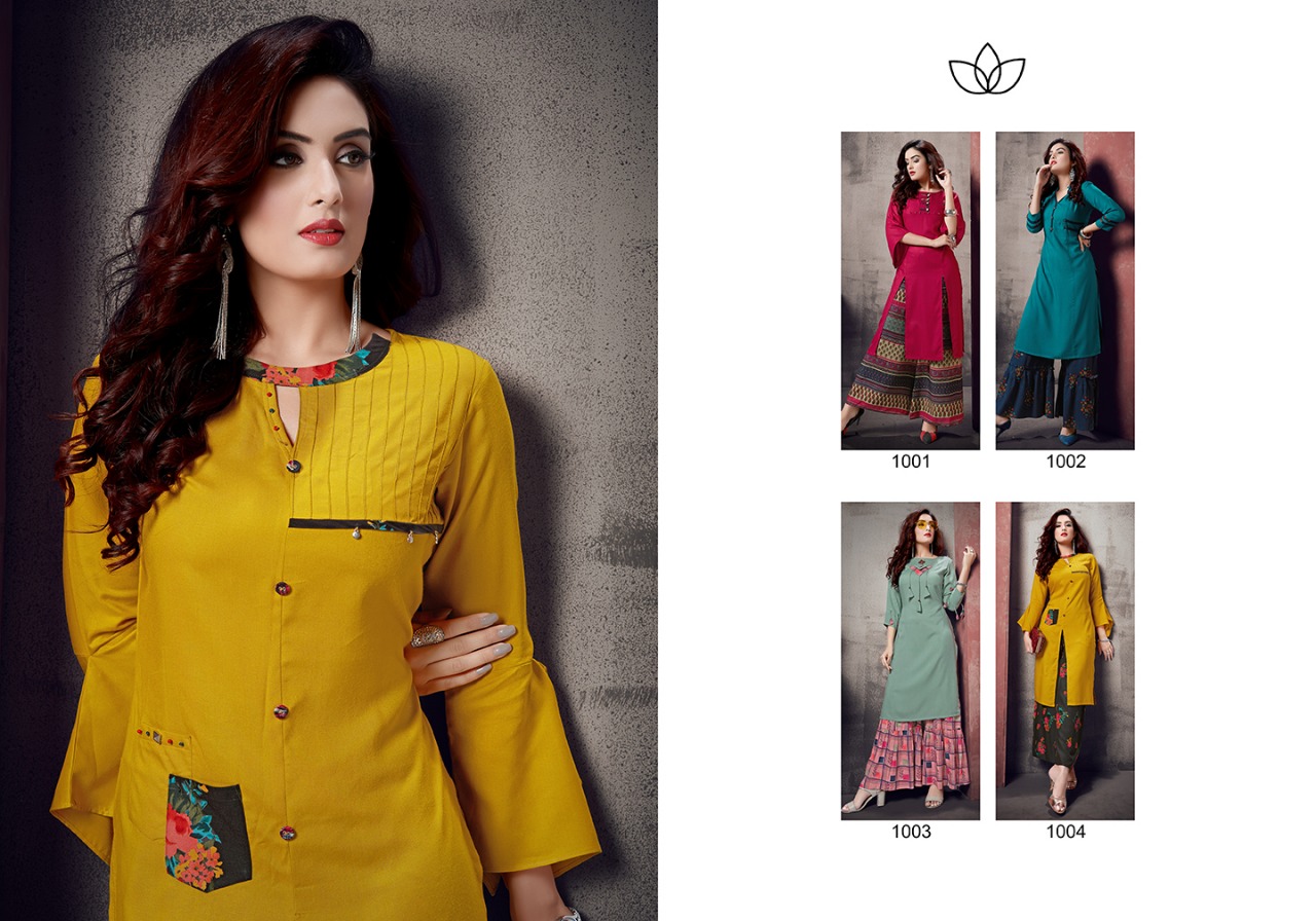 Glorious By St Namo 1001 To 1004 Series Beautiful Stylish Fancy Colorful Party Wear & Ethnic Wear Pure Rayon Printed Kurtis With Bottom At Wholesale Price