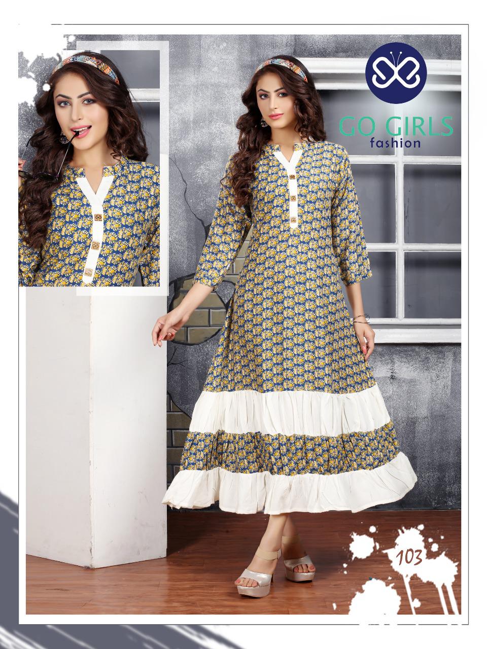 Gold By Go Girls Fashion 101 To 109 Series Beautiful Colorful Stylish Fancy Casual Wear & Ethnic Wear & Ready To Wear Rayon Kurtis At Wholesale Price