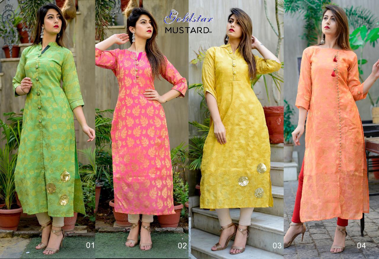 Goldstar By Mustard Nx 01 To 04 Series Stylish Fancy Beautiful Colorful Casual Wear & Ethnic Wear Banarasi Silk With Cotton Kurtis At Wholesale Price