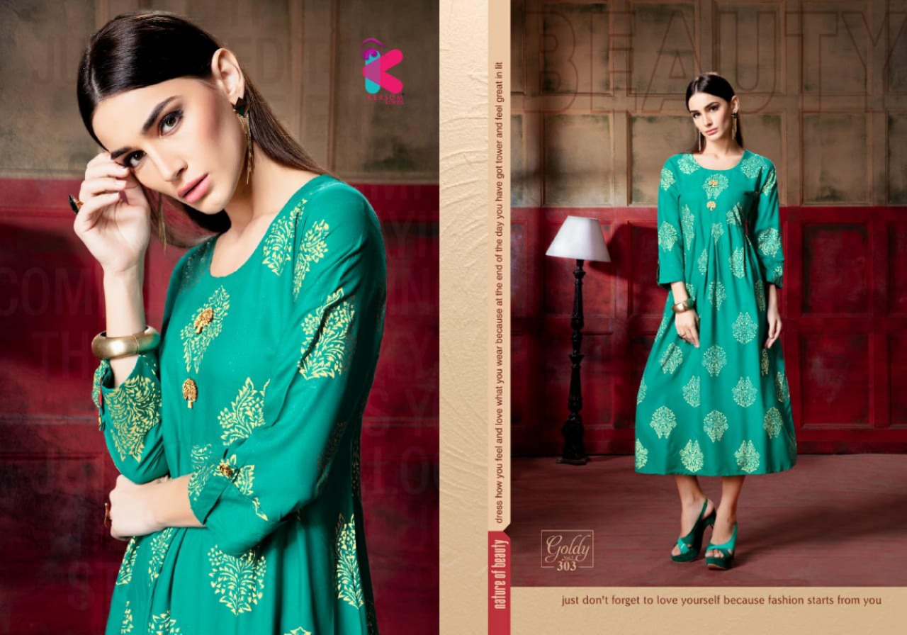 Goldy Vol-3 By Kersom 301 To 308  Series Beautiful Stylish Fancy Colorful Casual Wear & Ethnic Wear & Ready To Wear Heavy Rayon Gold Printed Kurtis At Wholesale Price