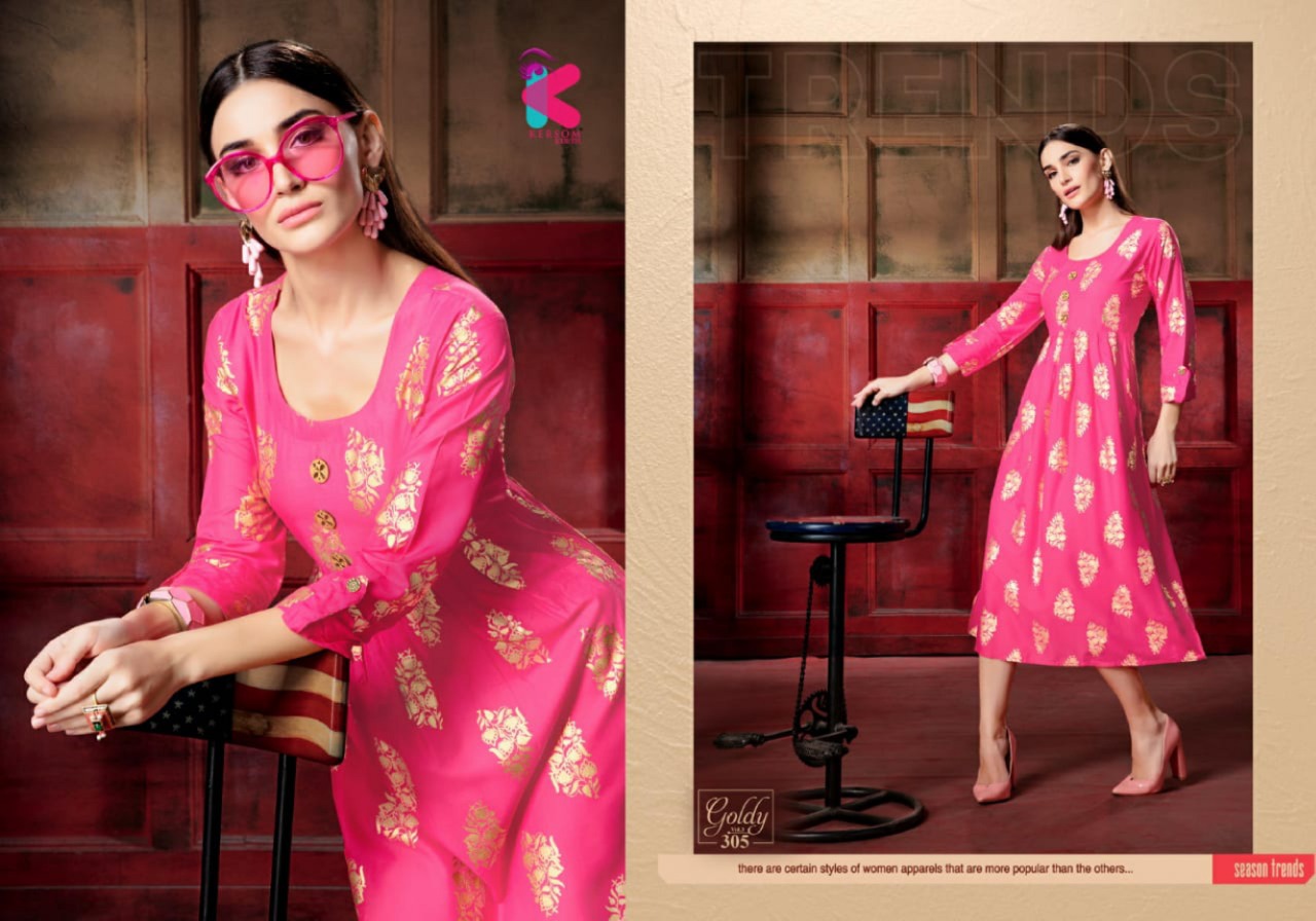 Goldy Vol-3 By Kersom 301 To 308  Series Beautiful Stylish Fancy Colorful Casual Wear & Ethnic Wear & Ready To Wear Heavy Rayon Gold Printed Kurtis At Wholesale Price