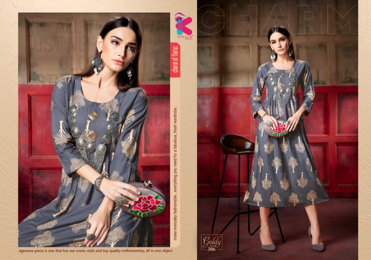 Goldy Vol-3 By Kersom 301 To 308  Series Beautiful Stylish Fancy Colorful Casual Wear & Ethnic Wear & Ready To Wear Heavy Rayon Gold Printed Kurtis At Wholesale Price