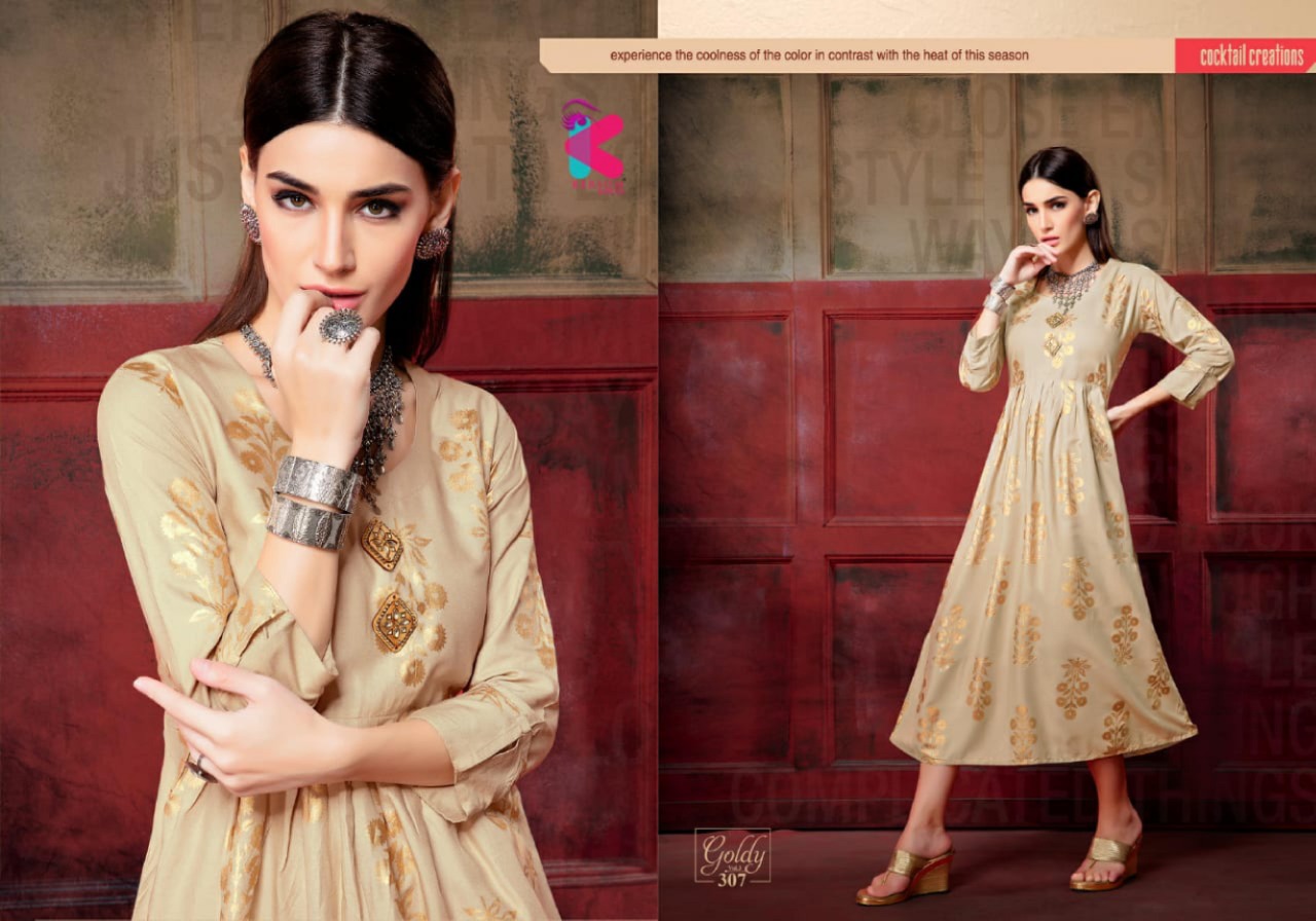 Goldy Vol-3 By Kersom 301 To 308  Series Beautiful Stylish Fancy Colorful Casual Wear & Ethnic Wear & Ready To Wear Heavy Rayon Gold Printed Kurtis At Wholesale Price