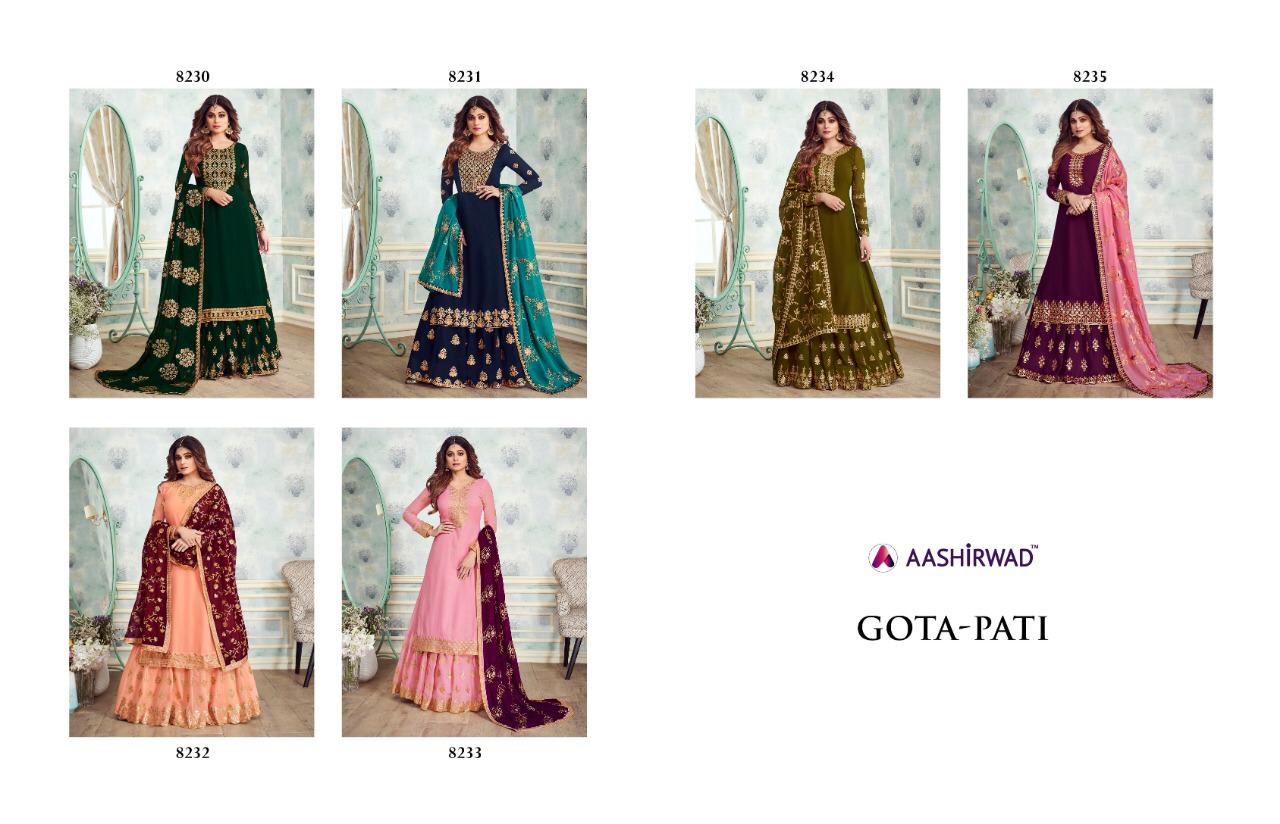 Gota Pati By Aashirwad Creation 8230 To 8235 Series Designer Sharara Suits Wedding Collection Beautiful Fancy Colorful Party Wear & Occasional Wear Real Georgette Embroidered Dresses At Wholesale Price