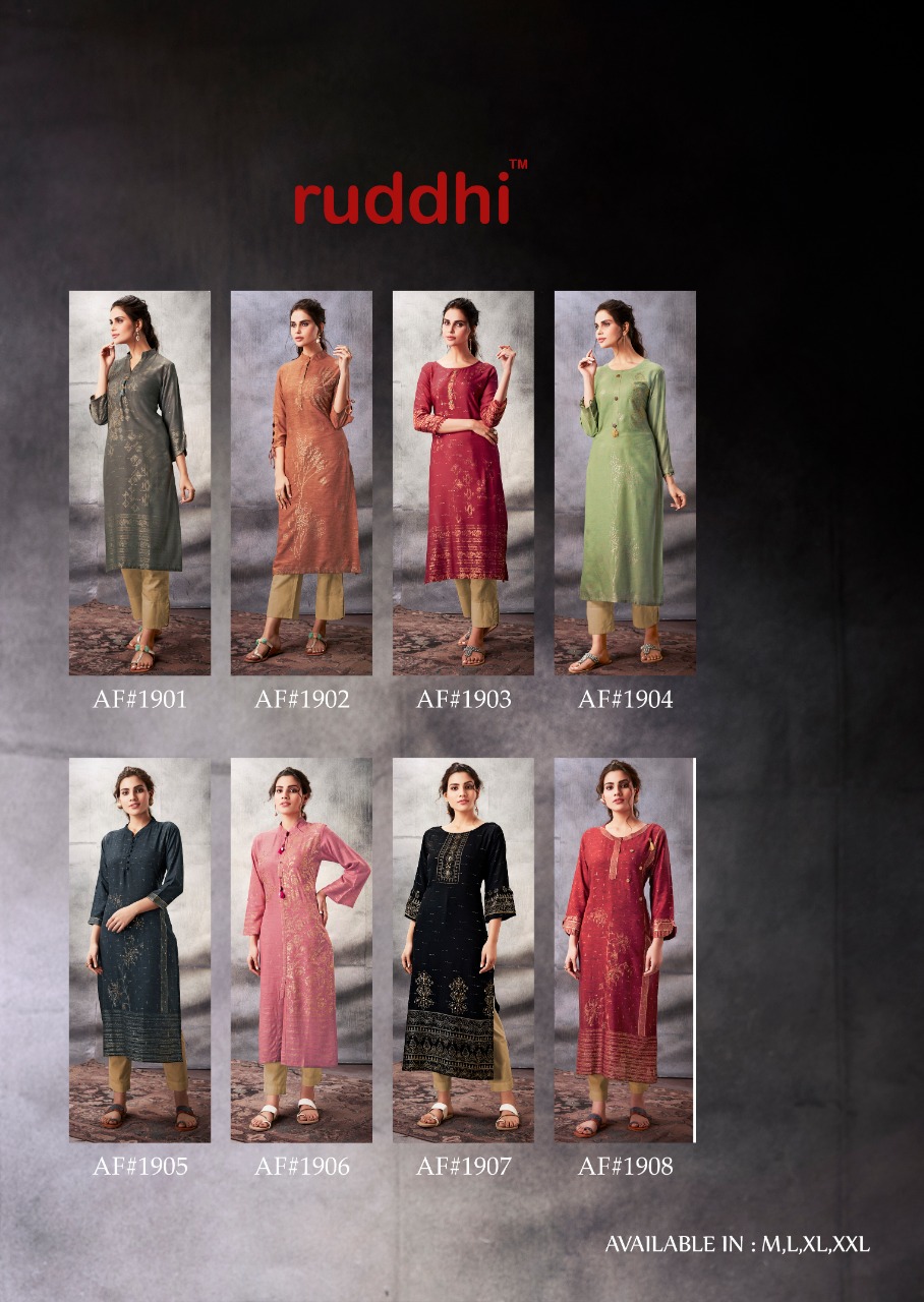 Grace By Ruddhi Dressline 1901 To 1908 Series Beautiful Stylish Fancy Colorful Casual Wear & Ethnic Wear & Ready To Wear Pure Rayon Foil Kurtis With Bottom At Wholesale Price