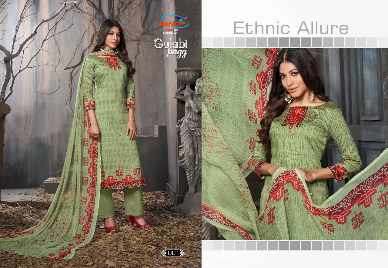 Gulabi Pagg By Nancy Fashion 001 To 008 Series Beautiful Stylish Fancy Colorful Casual Wear & Ethnic Wear Glace Print Summer Collection Glace Cotton Embroidered Dresses At Wholesale Price