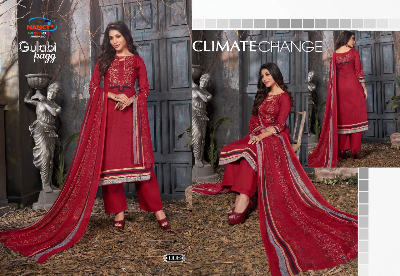 Gulabi Pagg By Nancy Fashion 001 To 008 Series Beautiful Stylish Fancy Colorful Casual Wear & Ethnic Wear Glace Print Summer Collection Glace Cotton Embroidered Dresses At Wholesale Price