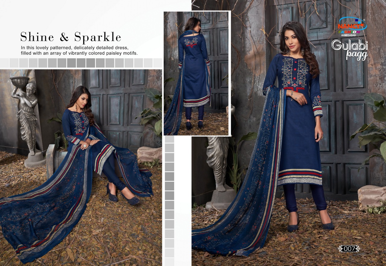Gulabi Pagg By Nancy Fashion 001 To 008 Series Beautiful Stylish Fancy Colorful Casual Wear & Ethnic Wear Glace Print Summer Collection Glace Cotton Embroidered Dresses At Wholesale Price