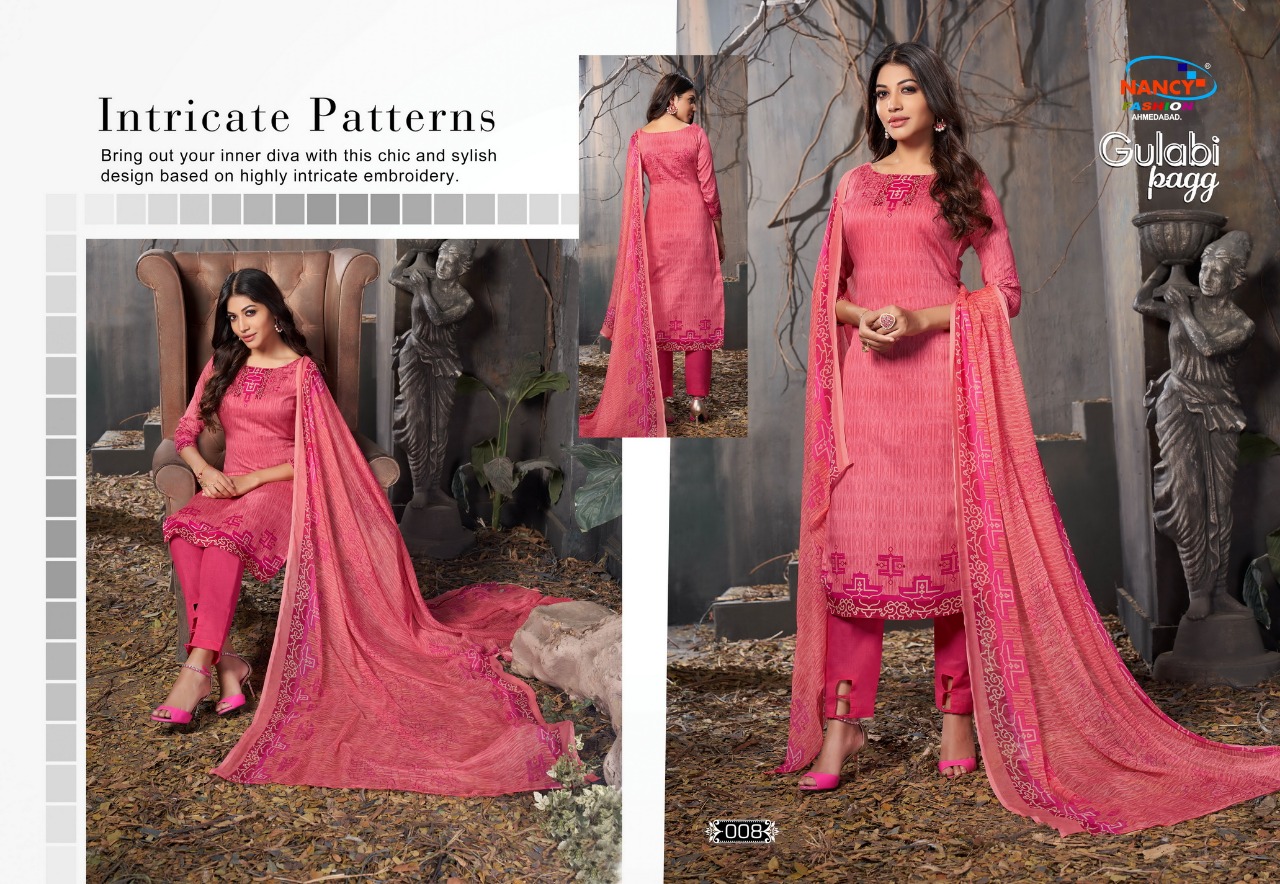 Gulabi Pagg By Nancy Fashion 001 To 008 Series Beautiful Stylish Fancy Colorful Casual Wear & Ethnic Wear Glace Print Summer Collection Glace Cotton Embroidered Dresses At Wholesale Price