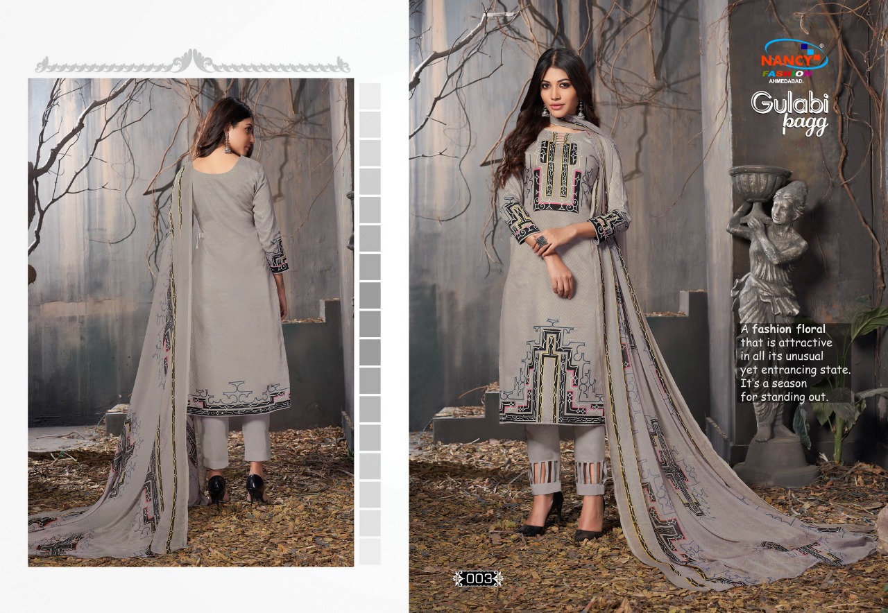 Gulabi Pagg By Nancy Fashion 001 To 008 Series Beautiful Stylish Fancy Colorful Casual Wear & Ethnic Wear Glace Print Summer Collection Glace Cotton Embroidered Dresses At Wholesale Price