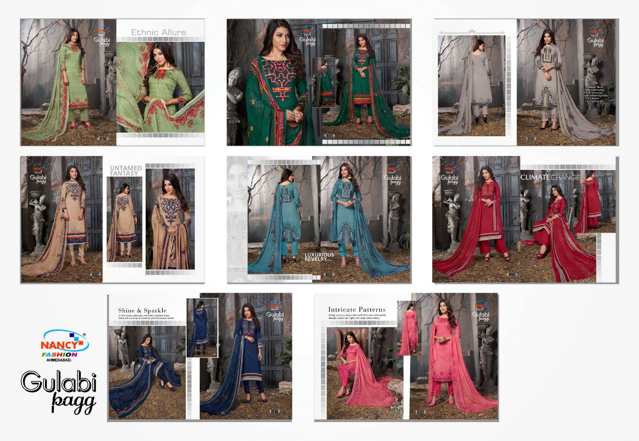 Gulabi Pagg By Nancy Fashion 001 To 008 Series Beautiful Stylish Fancy Colorful Casual Wear & Ethnic Wear Glace Print Summer Collection Glace Cotton Embroidered Dresses At Wholesale Price