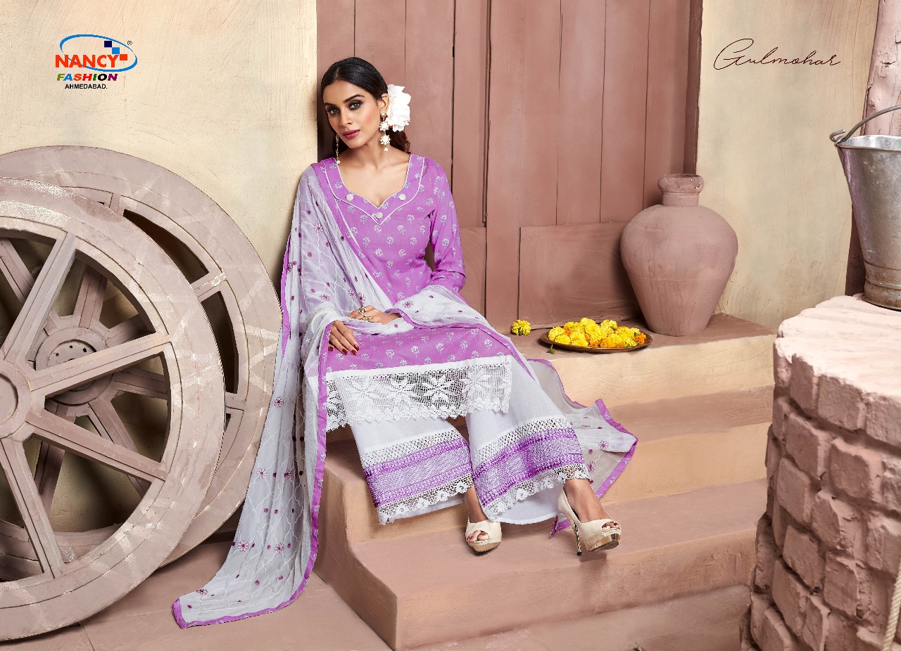 Gulmohar By Nancy Fashion  Beautiful Collection Suits Stylish Fancy Colorful Casual Wear & Ethnic Wear Cotton Sartin Printed Dresses At Wholesale Price