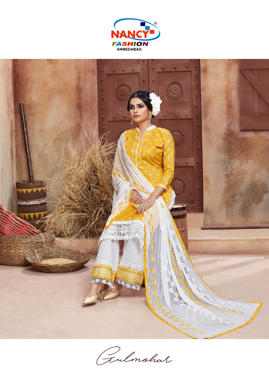 Gulmohar By Nancy Fashion  Beautiful Collection Suits Stylish Fancy Colorful Casual Wear & Ethnic Wear Cotton Sartin Printed Dresses At Wholesale Price