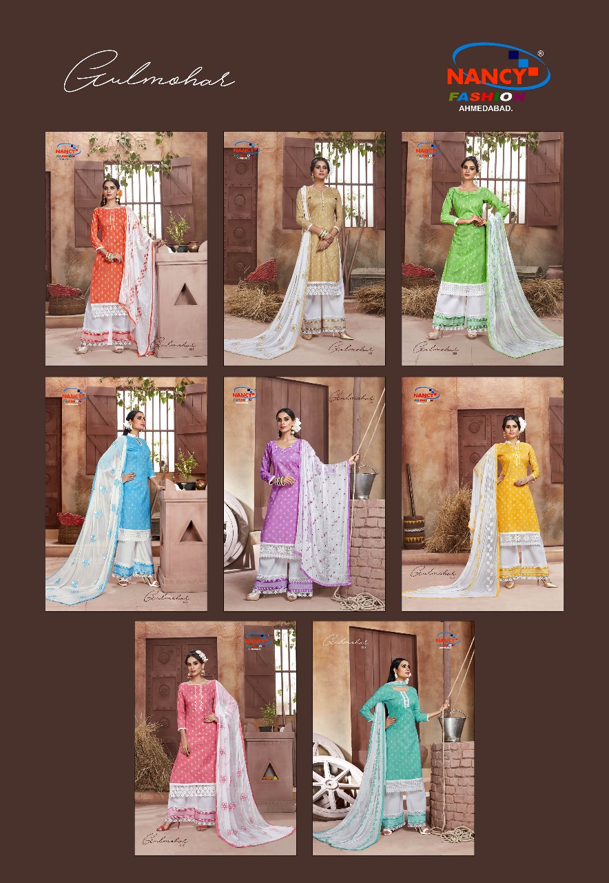 Gulmohar By Nancy Fashion  Beautiful Collection Suits Stylish Fancy Colorful Casual Wear & Ethnic Wear Cotton Sartin Printed Dresses At Wholesale Price