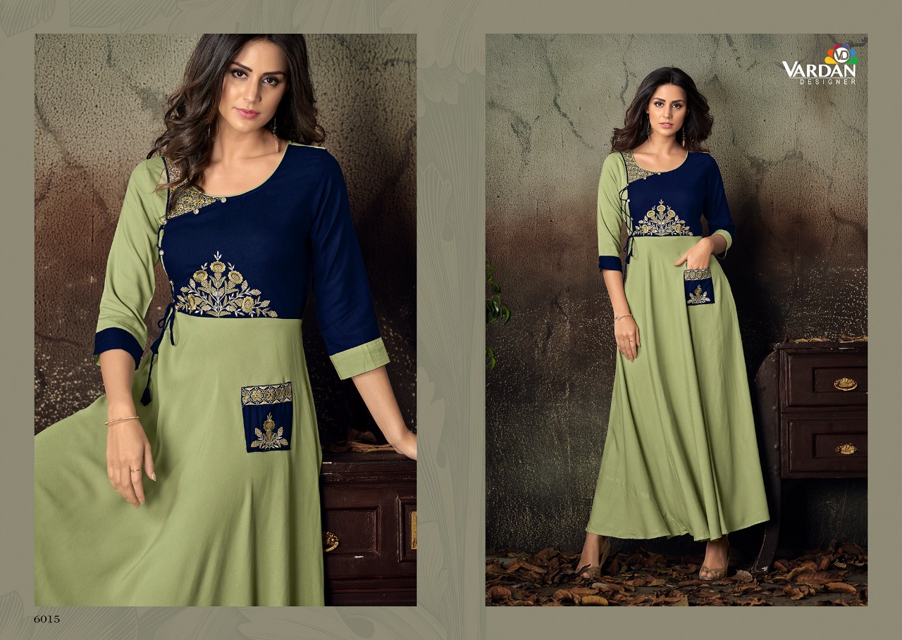 Gulnaz Vol-2 By Vardan Designer 6011 To 6018 Series Designer Beautiful Stylish Fancy Colorful Party Wear & Ethnic Wear & Ready To Wear Heavy Rayon Embroidered Kurtis At Wholesale Price