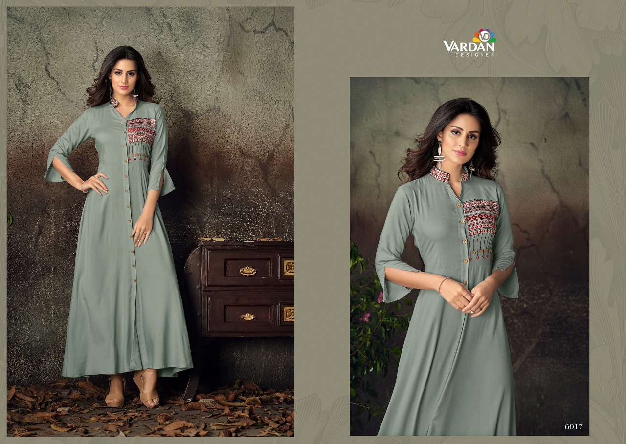 Gulnaz Vol-2 By Vardan Designer 6011 To 6018 Series Designer Beautiful Stylish Fancy Colorful Party Wear & Ethnic Wear & Ready To Wear Heavy Rayon Embroidered Kurtis At Wholesale Price