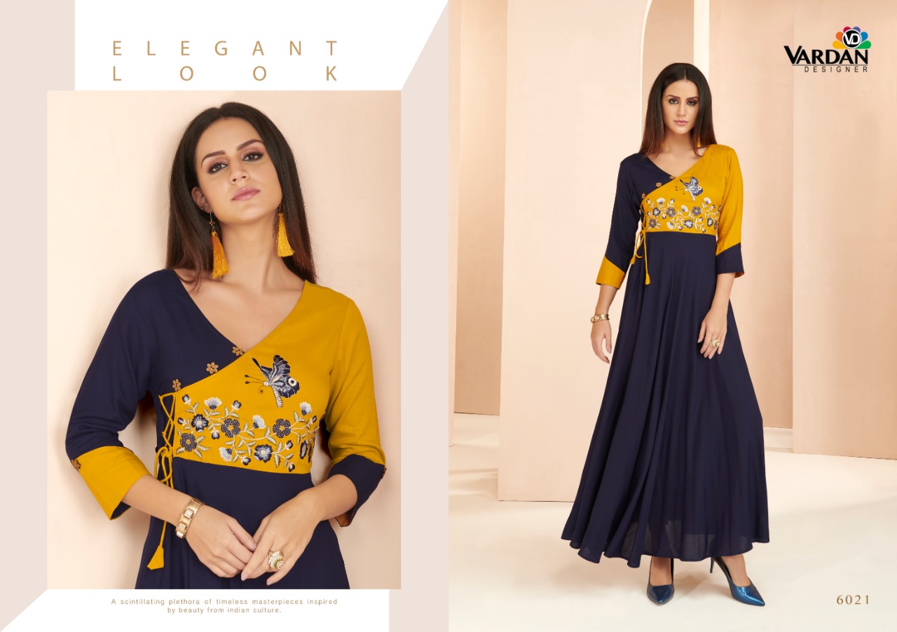 Gulnaz Vol-3 By Vardan Designer 6021 To 6028 Series Designer Beautiful Stylish Fancy Colorful Party Wear & Ethnic Wear & Ready To Wear Heavy Rayon Embroidered Kurtis At Wholesale Price