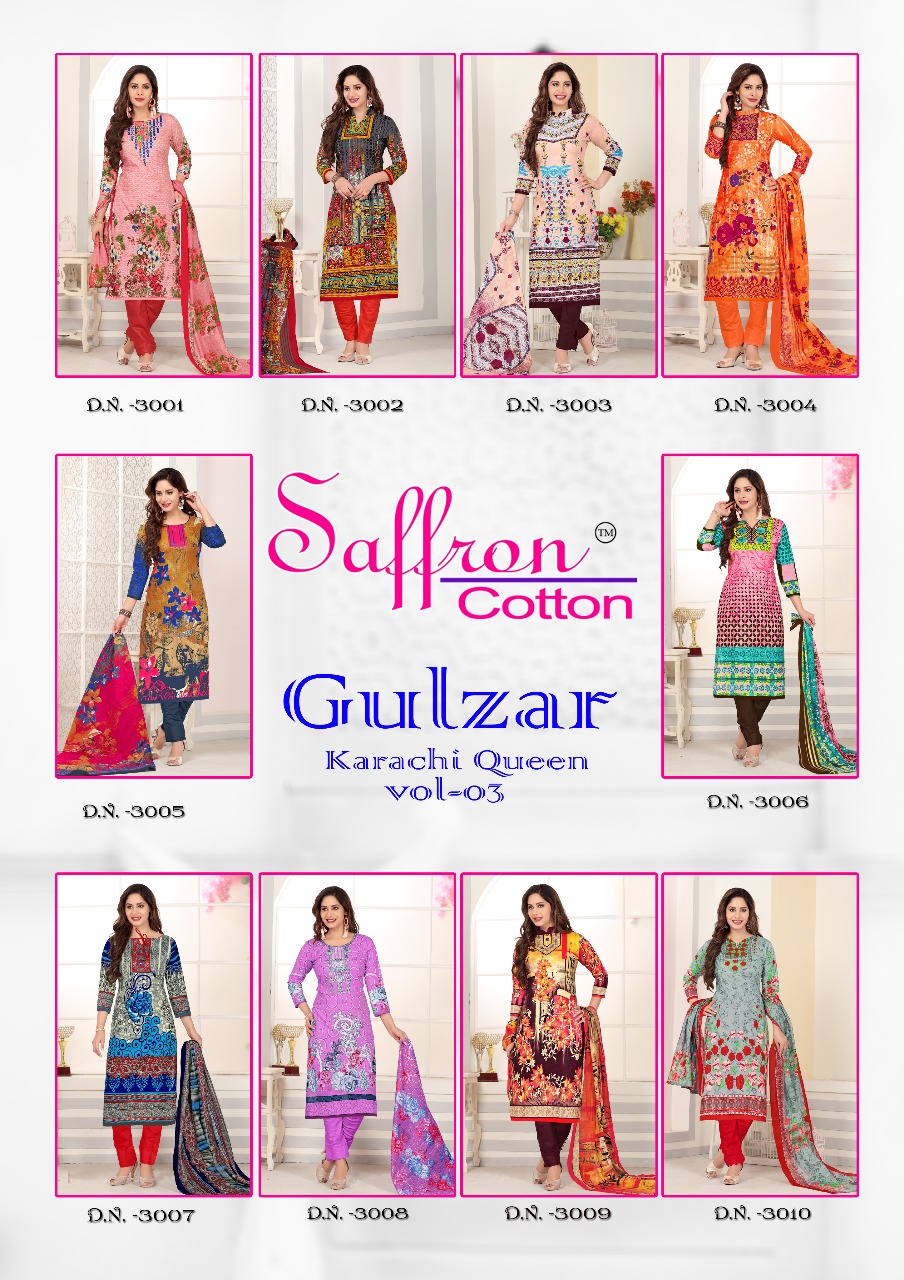 Gulzar Karachi Queen Vol-3 By Saffron Cotton 3001 To 3010 Series Beautiful Stylish Fancy Colorful Casual Wear & Ethnic Wear Collection Cotton Printed Dresses At Wholesale Price