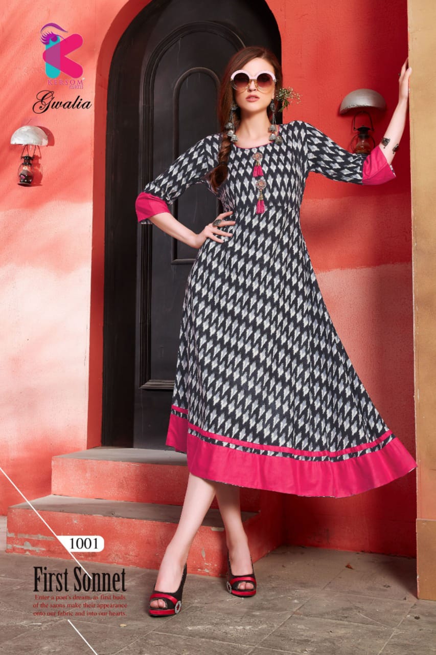 Gwalia By Kersom 1001 To 1008 Series Beautiful Colorful Stylish Fancy Casual Wear & Ethnic Wear & Ready To Wear Heavy Rayon Printed Kurtis At Wholesale Price