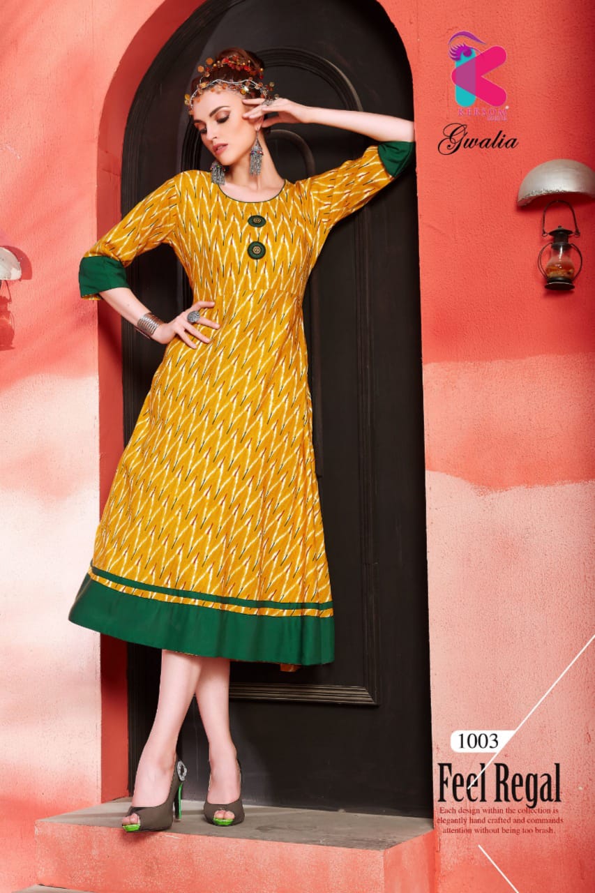 Gwalia By Kersom 1001 To 1008 Series Beautiful Colorful Stylish Fancy Casual Wear & Ethnic Wear & Ready To Wear Heavy Rayon Printed Kurtis At Wholesale Price