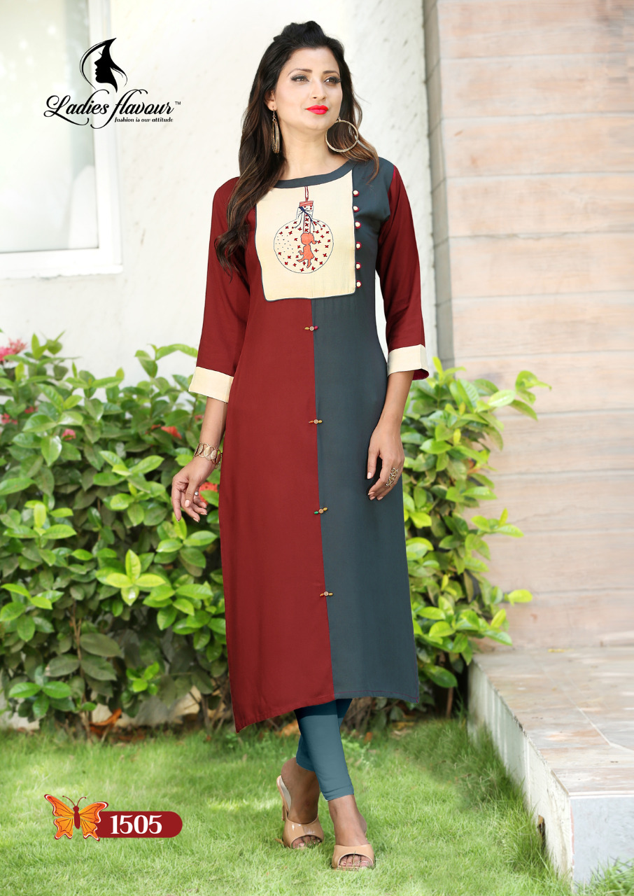 Hand Work By Ladies Flavour 1501 To 1508 Series Beautiful Stylish Fancy Colorful Casual Wear & Ethnic Wear & Ready To Wear Rayon Kurtis At Wholesale Price