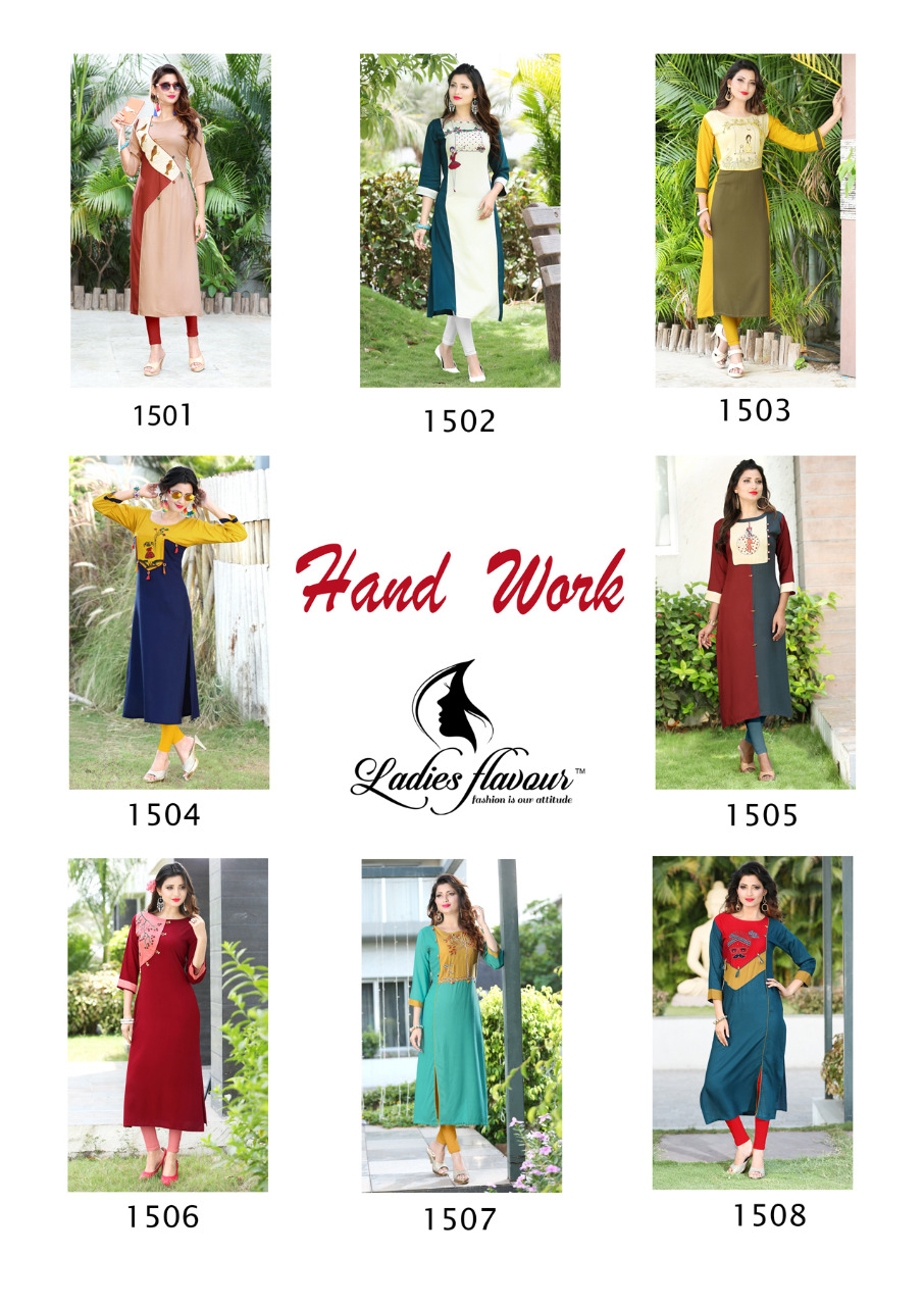 Hand Work By Ladies Flavour 1501 To 1508 Series Beautiful Stylish Fancy Colorful Casual Wear & Ethnic Wear & Ready To Wear Rayon Kurtis At Wholesale Price